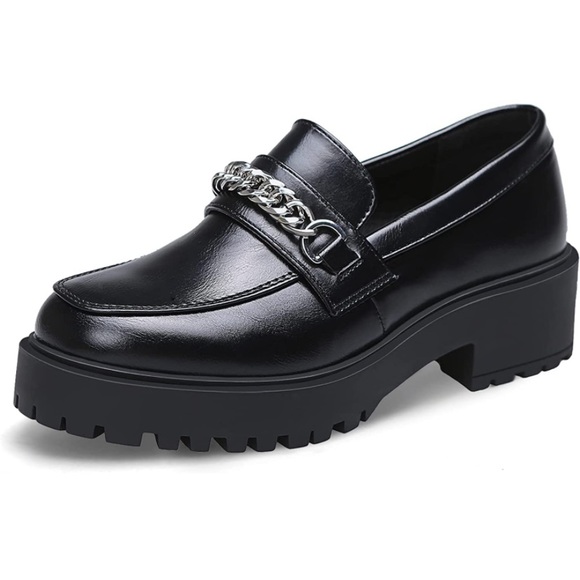Loafer Leather Slip-ons Round Toe Chunky Shoes Black